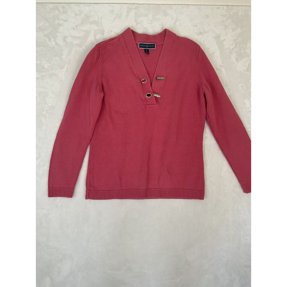 Karen Scott Sweater Women Pink Cotton Knit Henley Long Sleeve Pullover Size S